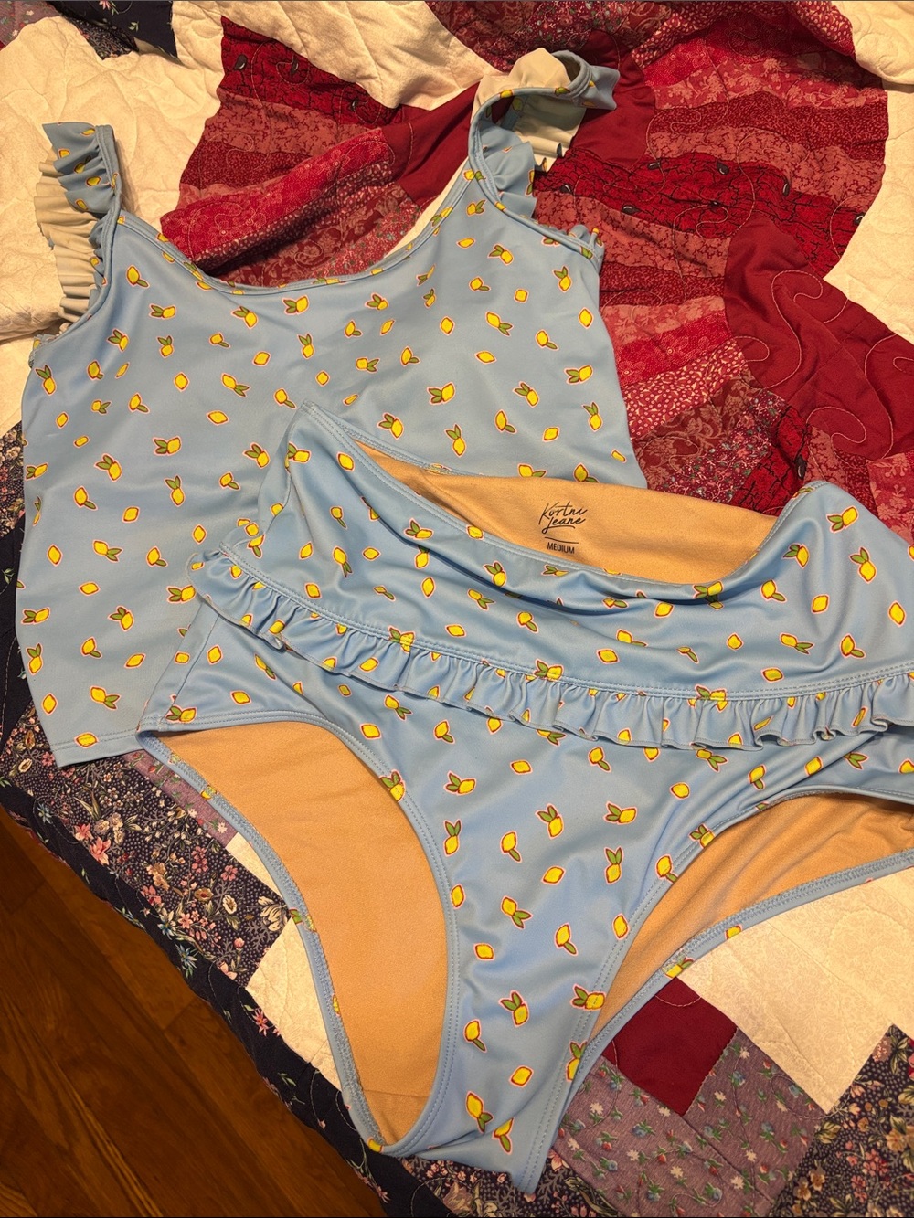 Light Blue Lemon Print kortni Jeane swimsuit with Ruffle Detail